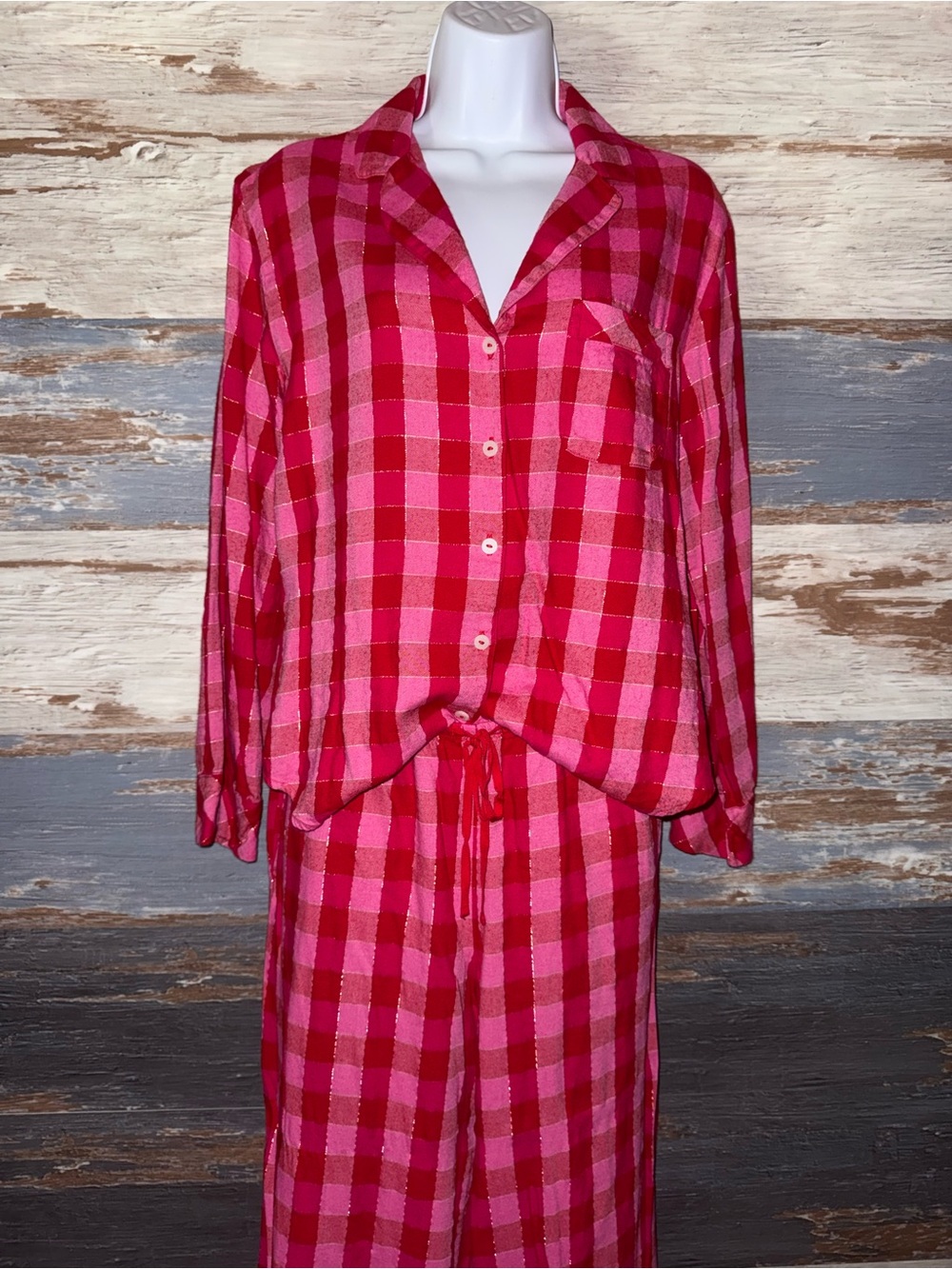 Victoria's Secret Pink and Red Plaid Button Pajama Set size XS extra small pjs